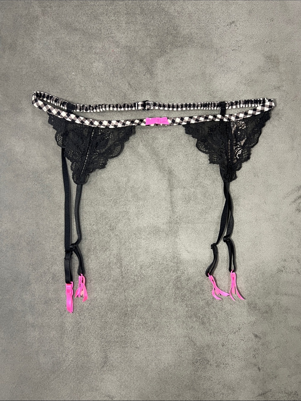 Victoria's Secret Black Lace and Checkered Garter Belt with Pink Trim M/L